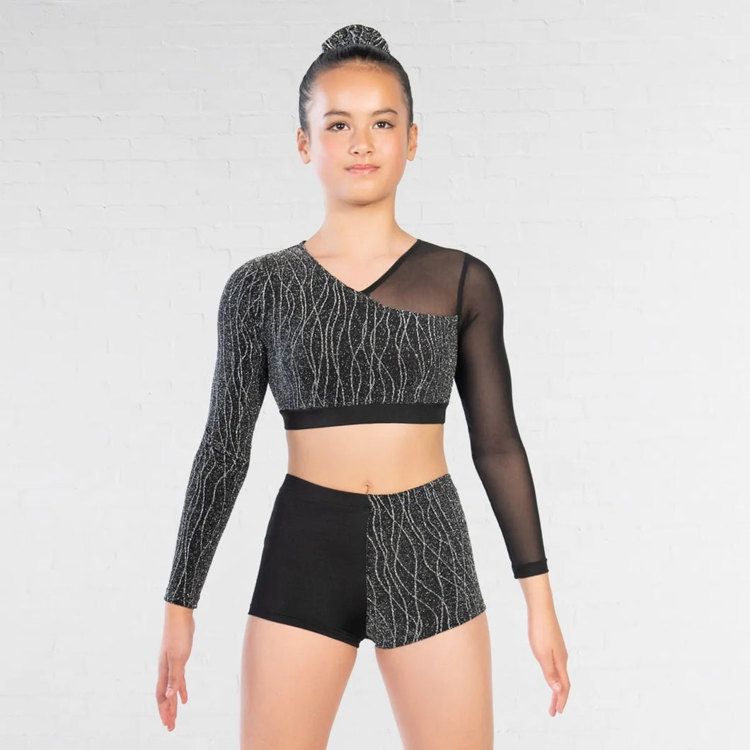 1st Position - Asymmetrical Lurex & Mesh Panelled Crop Top & Shorts - Hire Costume